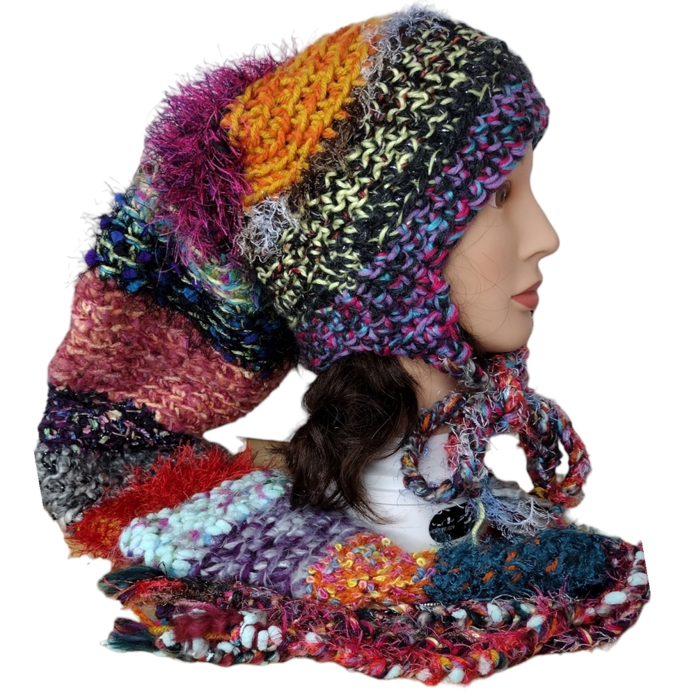 Bohemian long cone shape warm knit colorful Slouchy women's hat - Picture 4 of 6